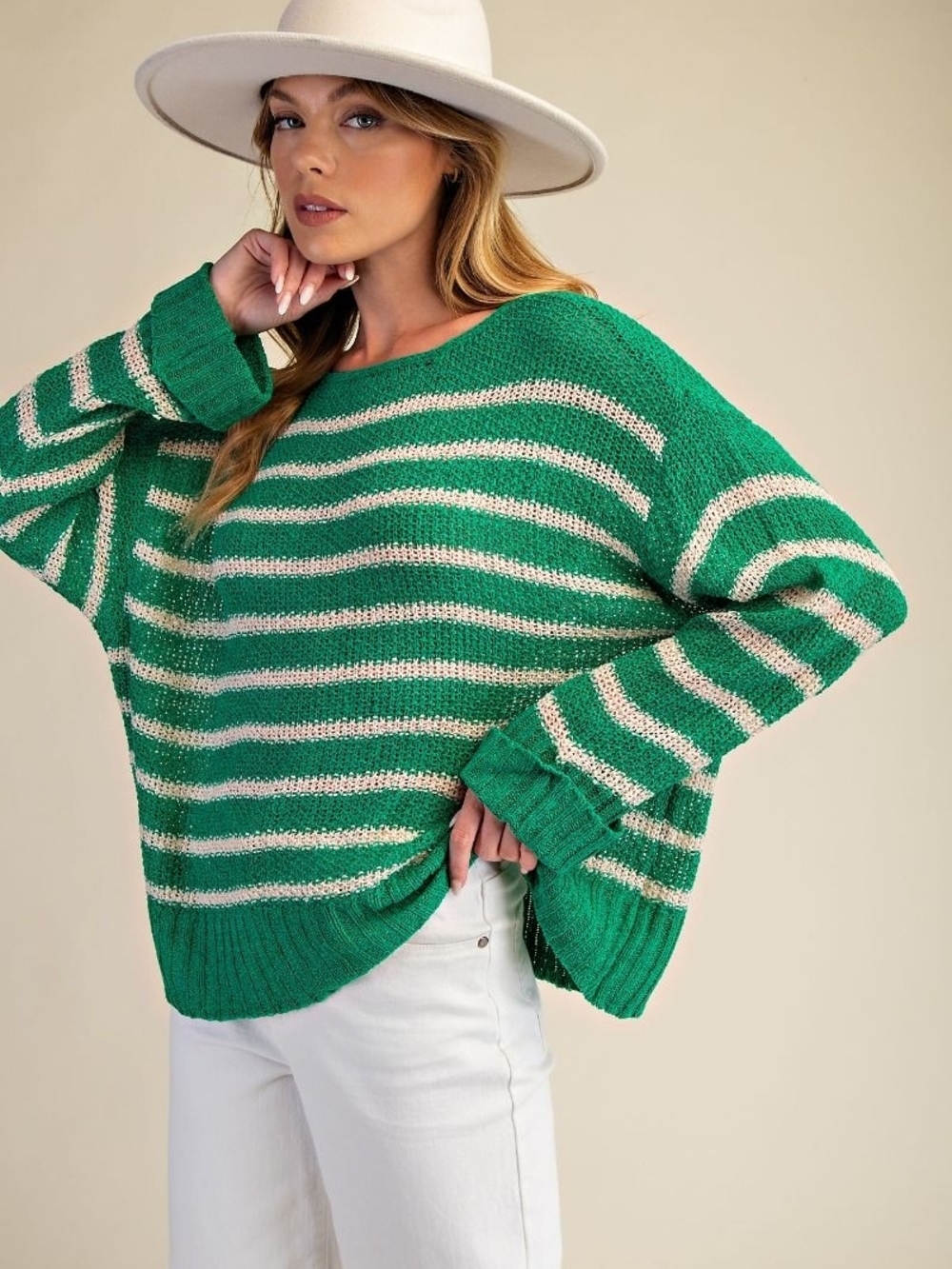 EASEL Green and Cream Striped Oversized Scoop Neck Sweater (New In Bag)